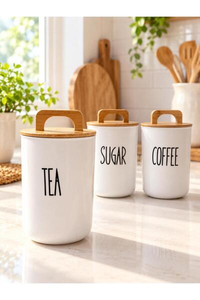 MODA OZY 3'lü Bambu Vakum Kapaklı Transfer Etiketli Akrilik (PLASTİK) Tea/Sugar/Coffe Kavanoz 900ml