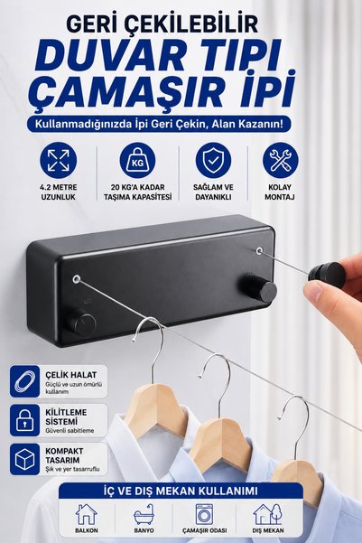 Gurada Geri Çekilebilir Çamaşır İpi Çamaşırlık Duvara Monte Çek-As Askılık 4,2 Metre Kurutmalık
