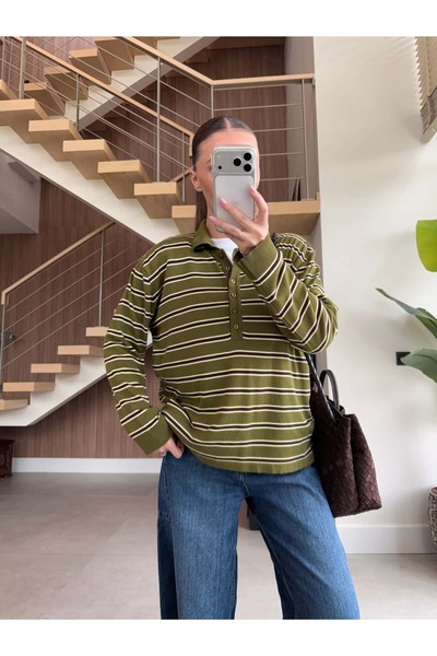 BB Bensu Buyruk Polo Collar Striped Viscose Knitwear