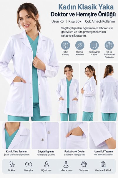 Markaawm Kadın Beyaz Doktor ve Hemşire Önlüğü – Klasik Yaka, Uzun Kollu, Kısa...