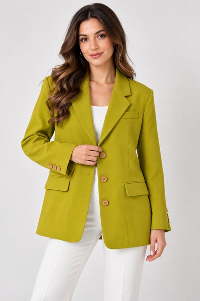 GÜL&CAN BUTİK Kadın Yağ Yeşili Blazer Ceket Düğmeli Klasik Yaka Uzun Kollu Şı...