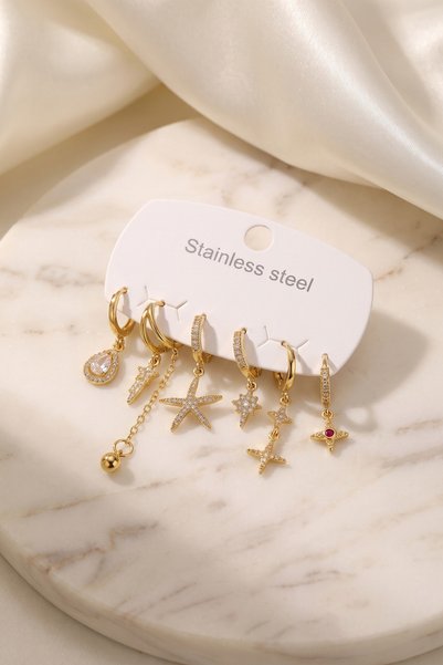 Angel Of Life 316L Steel Gold Color Star Detailed Women's Earring Set