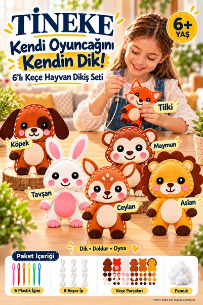 TİNEKE 6’lı Keçe Hayvan Dikiş Seti 6 Yaş ve Üzeri Çocuklar İçin Kendin Yap Oy...