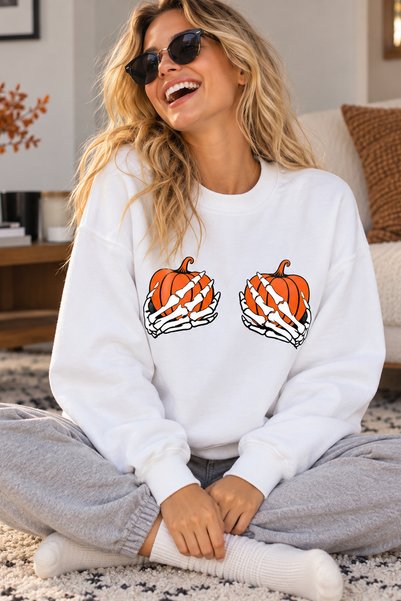 ArtYus Skeleton Hand and Pumpkin Printed Unisex Oversize Sweatshirt – Crew Ne...