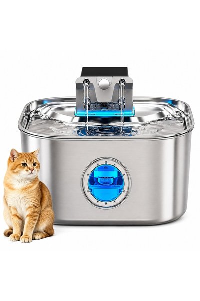 AMYMAT Fantana de Apa pentru Pisici si Caini Wireless AMYMAT, 3.2L, Otel Inox...