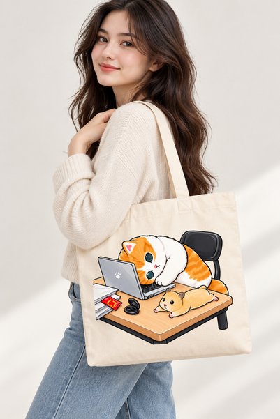 Laptop Başında Kedi ve Hamster Baskılı Kanvas Çanta