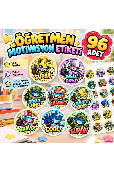 96 Adet Robot Karakterli Öğretmen Ödül Etiketleri | Motivasyon & Başarı Sticker – A4 Premium