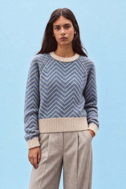Asfaha Fashion Women's Blue Ecru Zigzag Patterned Crew Neck Knitwear Sweater