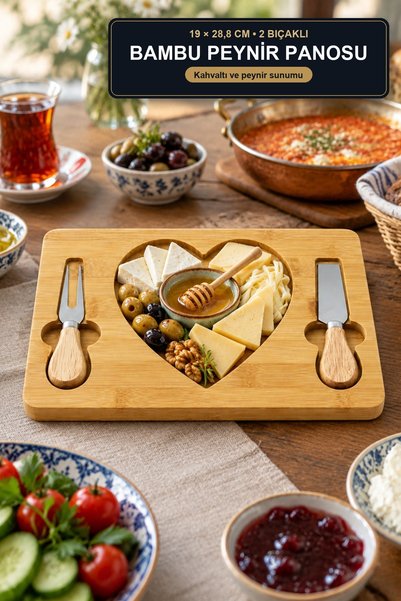 viracasa Hearted Bamboo Cheese and Breakfast Presentation Board 19X28.8 cm Se...