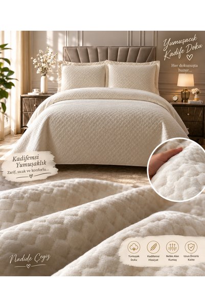 NADİDE ÇEYİZ Golden Home İstanbul Çift Kişilik Kadife Yatak Örtüsü Takımı – Krem