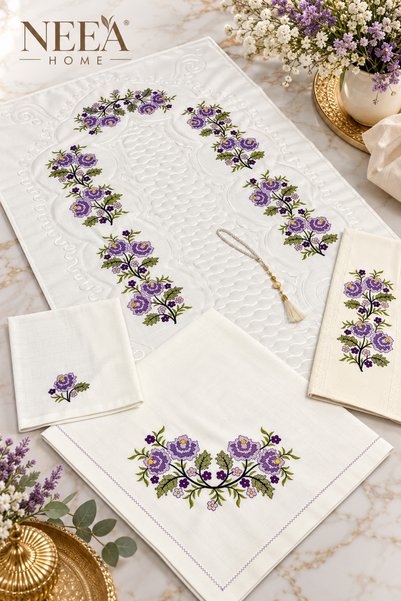 NEEA HOME Lüks 5 Parça Çeyizlik Gardenya Seccade Bohça Takımı - Ekru