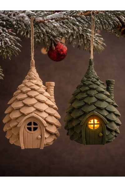 Space Studio Yılbaşı Özel 2'li Set Işıklı Kozalak Ev Ağaç Süsü - LED Tealight...