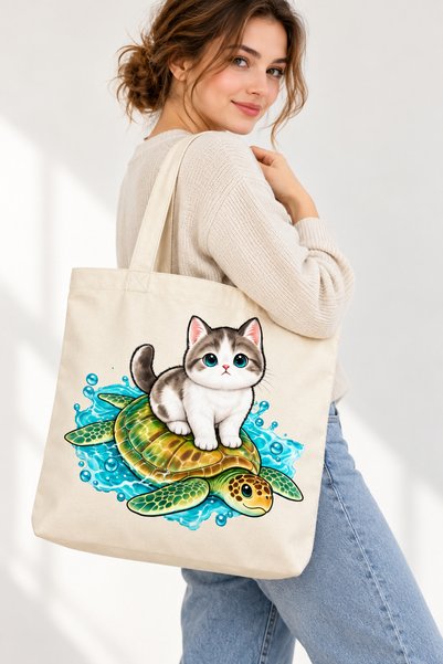 Deniz Kaplumbağası Üzerindeki Kedi Baskılı Kanvas Çanta