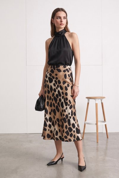 Hisleria Geometric Pattern Viscose Satin Fabric Midi Length Skirt