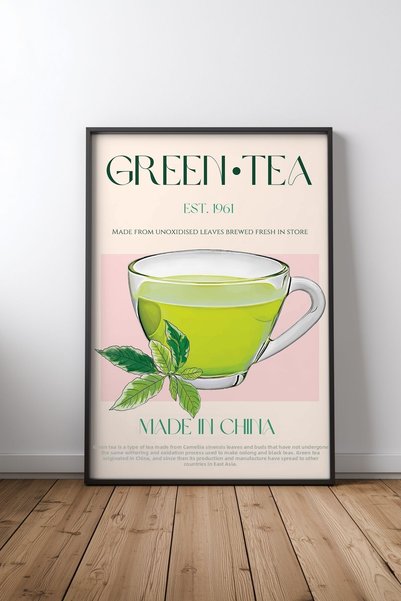 KEYFHOME Poster de masă din MDF cu ramă neagră cu ceai verde, cadou decorativ...