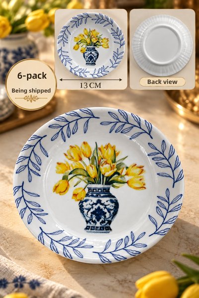grandora 6-Piece Vase and Flower Patterned Jam Bowl and Snack Bowl Set - 13 cm - Presentation Bowl, Breakfast Bowl, Jam Bowl, Serving Bowl - Breakfast Presentation Bowl