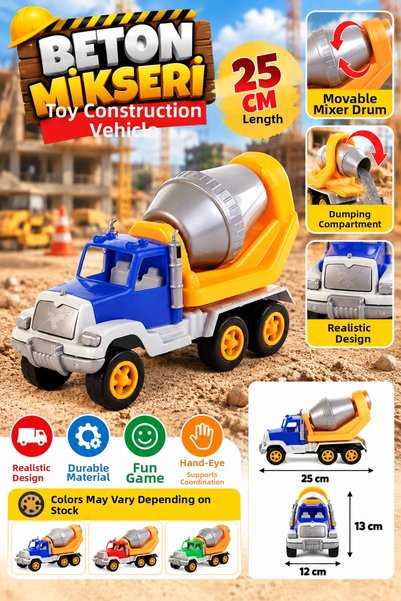 SUDESA OYUNCAK 25 cm Toy Concrete Mixer Movable Drum Working Machine Truck Uç...