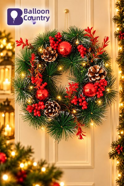 BALON DİYARI Christmas Door Wreath Decorative Wreath with Red Fruits and Pine...