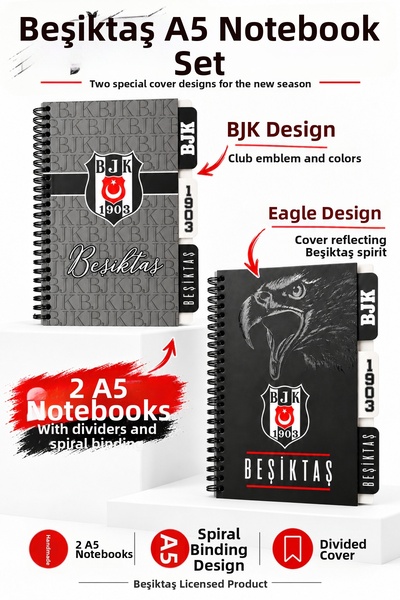 Beşiktaş Licensed Double A5 Spiral Planner Notebook Set Lined Squared Hard Co...