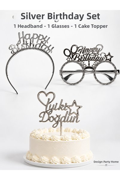Dizayn Parti Evi Silver Birthday Accessory Set – Happy Birthday Crown, Party ...