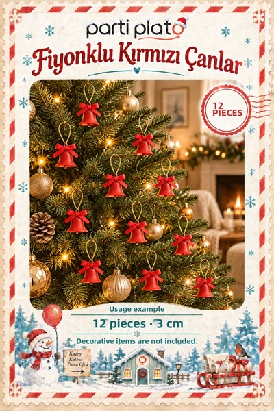 Parti Plato Red Christmas Tree Ornament Bell with Bow 3 cm Pack of 12
