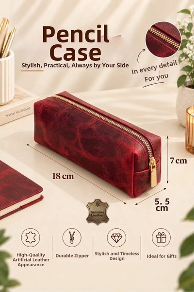 RONYA LEATHER Genuine Leather Zippered Pen Holder with Keychain as a Gift