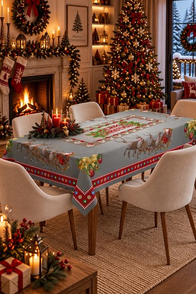 Befahomes Christmas Deer with Santa Claus Gray Christmas Tablecloth – Christm...