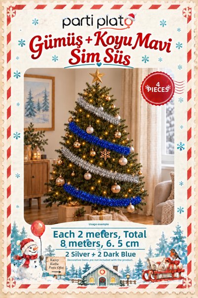 Parti Plato Silver and Dark Blue Glitter Ornament 4 Pieces 2 Meters Total 8 m...