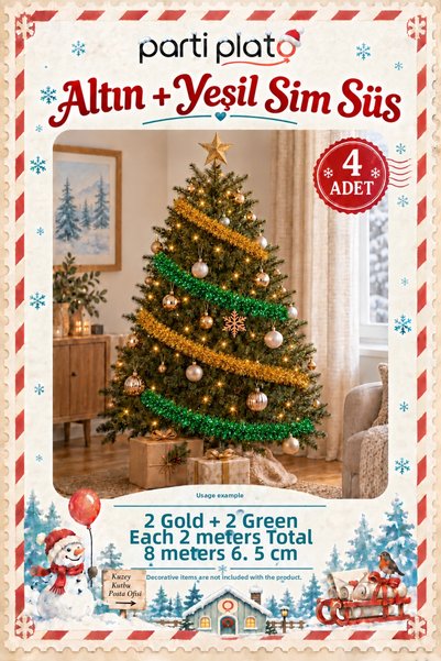 Parti Plato Gold and Green Glitter Ornament 4 Pieces 2 Meters Total 8 m 6.5 c...