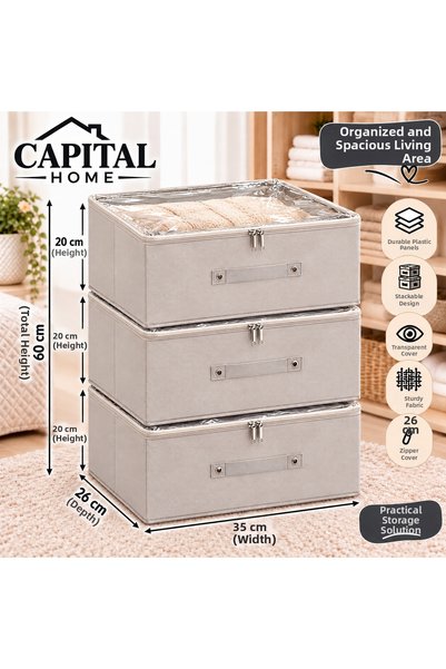 Capital Home 3 قطع منظم متعدد الأغراض + صندوق تخزين شفاف مغلق + بسحاب 35x26x2...