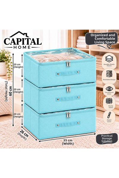 Capital Home 3 قطع منظم متعدد الأغراض + صندوق تخزين شفاف مغلق + بسحاب 35x26x2...