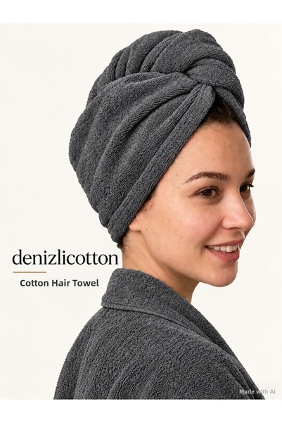 denizlicotton غطاء رأس لتجفيف الشعر من القطن - منشفة شعر بأزرار - لون أنثراسايت