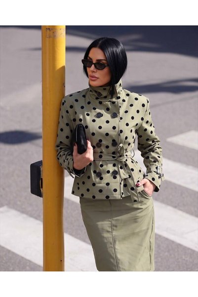 1Moda1Tarz Imported Trench Coat Torino Fabric Polka Dot Pattern Belt Included Belt Detail Lined Design Suit