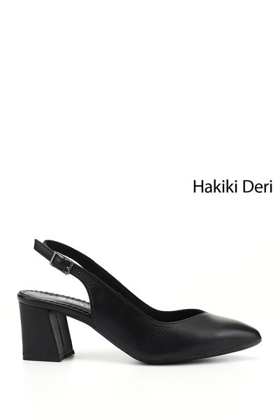 GÖNDERİ(R) Women's Black Thick Heeled Open Back Genuine Leather Shoes