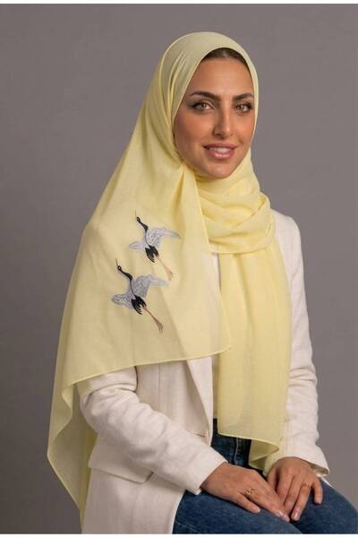 Veil Designer طرحة بوال بيبي يلو طبقتين بتطريز طيور علي الطرفين بقماش ياباني ...