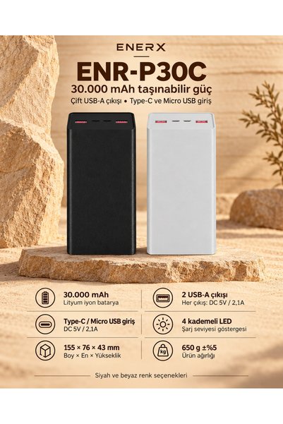 ENERX ENR-P30C 30.000 mAh 2.1A Powerbank – Beyaz