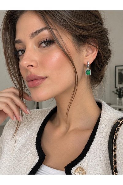 TrendimAksesuar Square Cut Crystal Stone Emerald Green Steel Vip Earrings