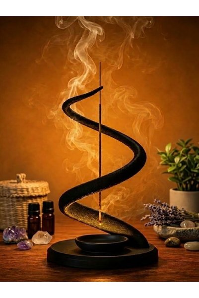Siyah Modern S Spiral Tasarım Ahşap & Tütsülük – Dekoratif Çubuk Tütsü Lığı Tutucu ve Kül Yakalayıcı