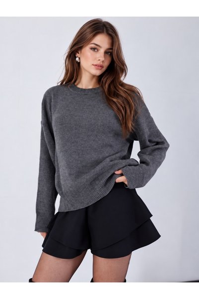 ModaAzen Anthracite Crew Neck Oversize Women's Knitwear Sweater