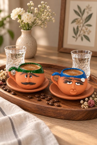 HerşeyTopraktan طقم فناجين قهوة مصنوع يدويًا من الطين مع رموز تعبيرية، 6 ألوان، تصميم دائري