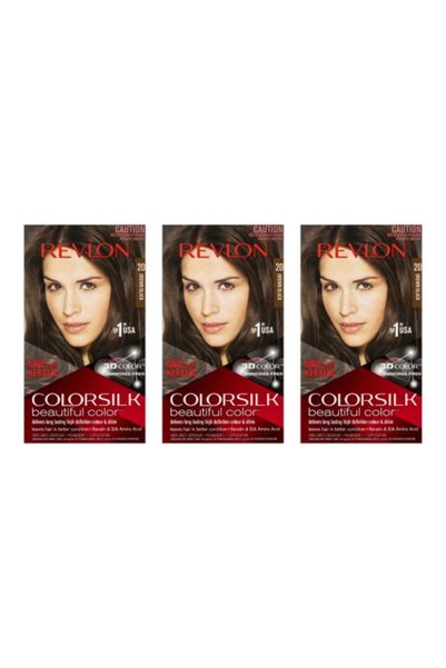 Revlon Pachet de 3 vopsele de păr ColorSilk Beautiful, 20 maro, negru