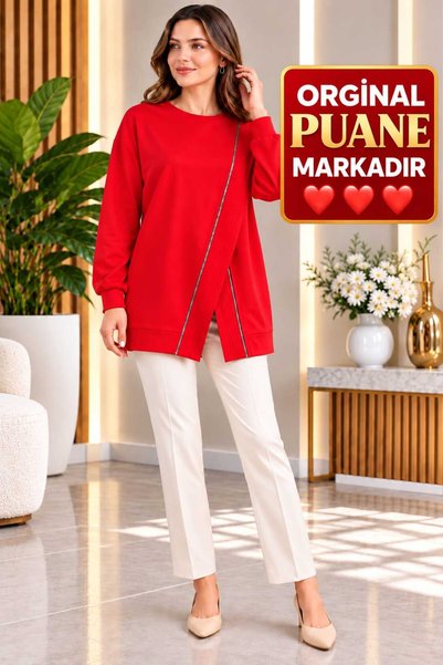 Puane Tunik Kadın Sweatshirt Çapraz Fermuar Detaylı Penye Kumaş