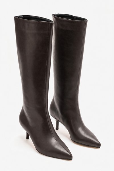 by selvi Lukka Shoes Alina Women's Bitter Brown Leather Short Heeled Pull-On Boots