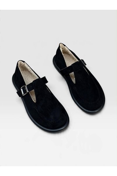 ERVANIN BUTİĞİ Black Suede (Olivia) Women's Loafer with Buckle Detail