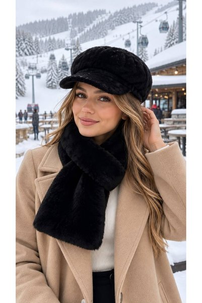 MARBERRY Black Soft Textured Plush Women's Beanie Hat and Neck Warmer Set of 2