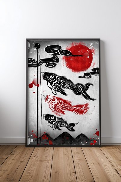 KEYFHOME Koinobori Carp Streamers Ilustrație Negru Încadrat MDF Tablou Poster...