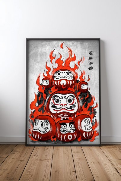 KEYFHOME Daruma Dolls in Flames Μαύρο Πλαίσιο MDF Πίνακας Αφίσα Διακόσμηση Το...