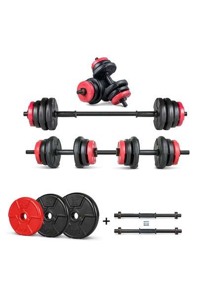 ECG Spor 22 Kg Multifonksiyonel Kırmızı Siyah Halter Seti Ve Dambıl Seti