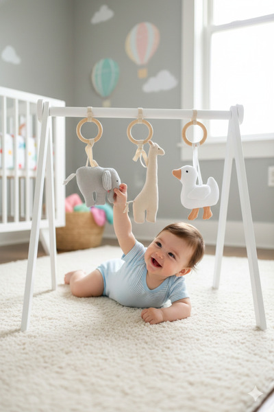 O&G Collection Elephant, Giraffe, Duck 100% Cotton Multi Muslin Natural Wooden Teether Toy / Baby Room Decor