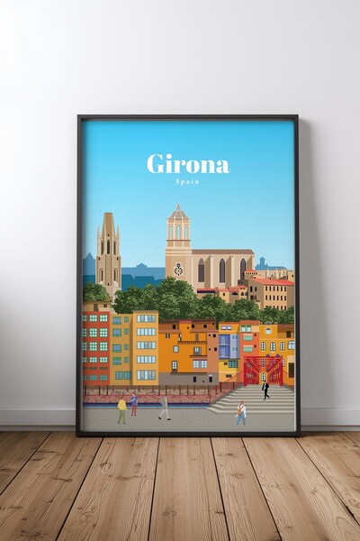 KEYFHOME Poster cu tablou MDF cu cadru negru Travel to Girona, decor de peret...